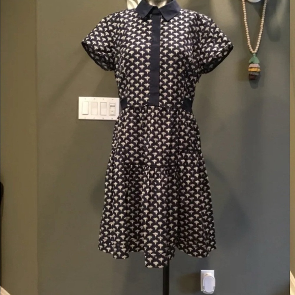 Diane von Fustenberg DVF navy blue print cotton dress size 10 half button up